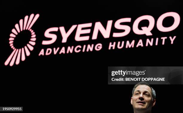 Belgian Prime Minister Alexander De Croo delivers a speech at the opening of the headquarters of Syensqo, spin-off from Solvay, in Brussels,...