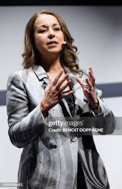 Syensqo CEO Ilham Kadri delivers a speech at the opening of the headquarters of Syensqo, spin-off from Solvay, in Brussels, Wednesday 24 January...