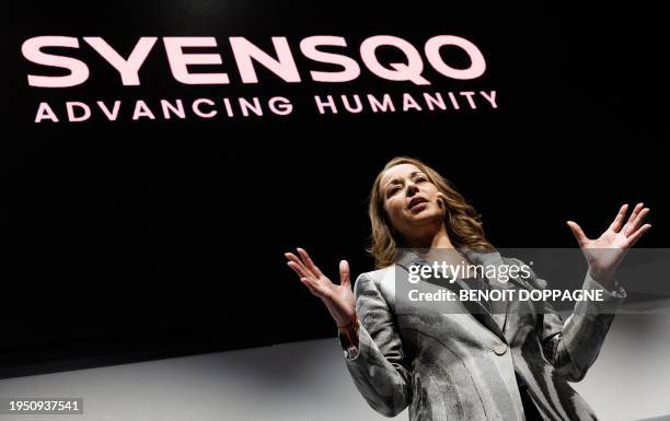 Syensqo CEO Ilham Kadri delivers a speech at the opening of the headquarters of Syensqo, spin-off from Solvay, in Brussels, Wednesday 24 January...