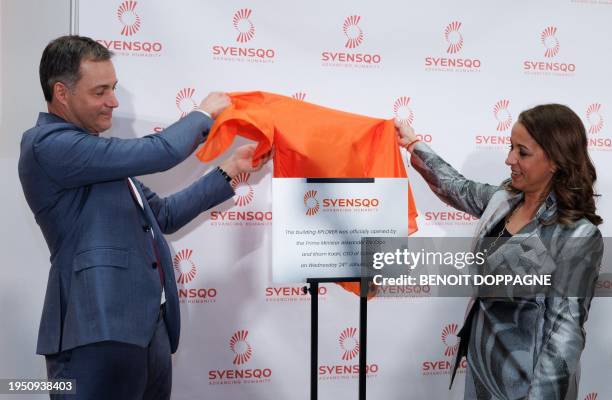Belgian Prime Minister Alexander De Croo and Syensqo CEO Ilham Kadri pictured during the opening of the headquarters of Syensqo, spin-off from...