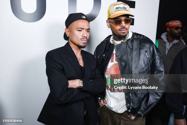 Rhuigi Villaseñor and Chris Brown attend the Rhude Menswear Fall/Winter 2024-2025 show as part of Paris Fashion Week on January 21, 2024 in Paris,...