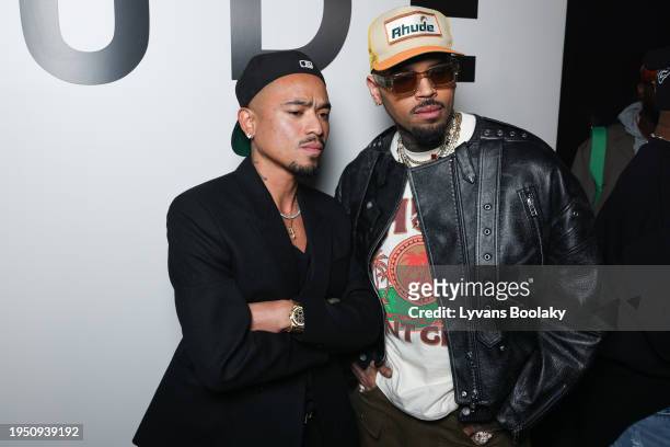Rhuigi Villaseñor and Chris Brown attend the Rhude Menswear Fall/Winter 2024-2025 show as part of Paris Fashion Week on January 21, 2024 in Paris,...