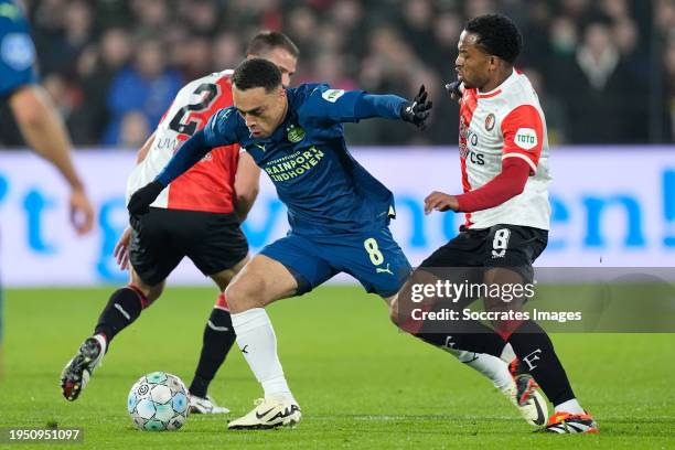 Bart Nieuwkoop of Feyenoord, Sergino Dest of PSV, Quinten Timber of Feyenoord during the Dutch KNVB Beker match between Feyenoord v PSV at the...