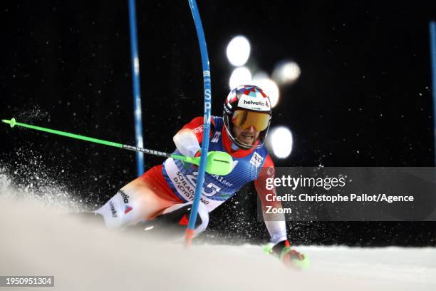 Luca Aerni of Team Switzerland in action during the Audi FIS Alpine Ski World Cup Men's Slalom on January 24, 2024 in Schladming, Austria.
