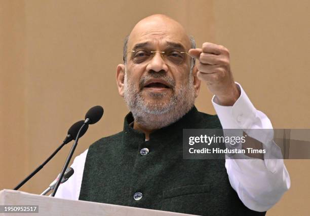 Union Home minister Amit Shah addressing after releasing dak ticket and coin during the program celebrating the 100th birth anniversary of former...