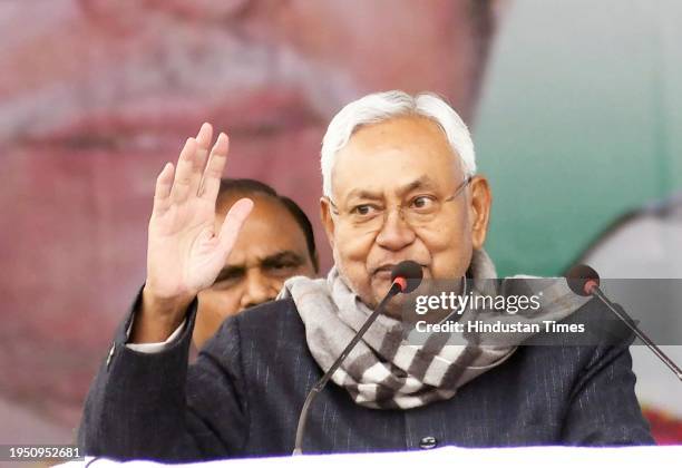 Bihar Chief Minister Nitish Kumar addressing during Jannayak Karpoori Thakur Janm Shatabdi Samaroh at Bihar Veterinary College ground on January 24,...