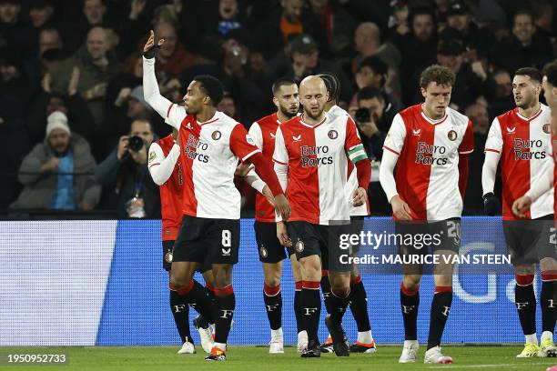 Feyenoord's Dutch midfielder Quinten Timber celebrates scoring his team's first goal during the round of 16 of the KNVB Cup football match between...