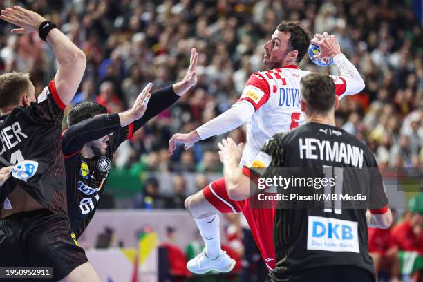 Domagoj Duvnjak of Croatia shoots at goal during the Men's EHF Euro 2024 main round match between Germany and Croatia at Lanxess Arena on January 24,...