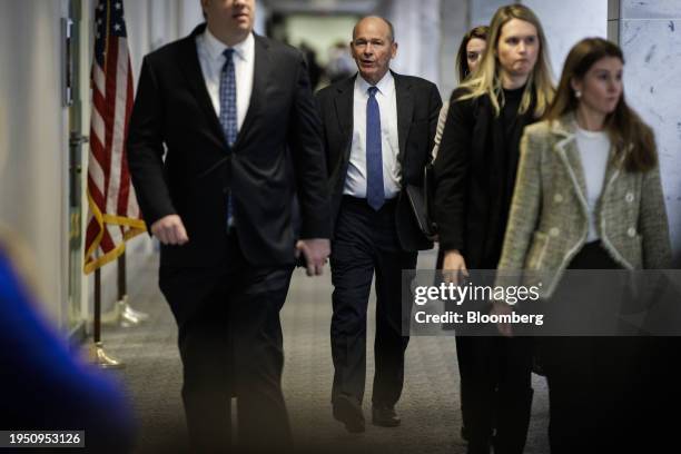 Dave Calhoun, chief executive officer of Boeing Co., center, on Capitol Hill in Washington, DC, US, on Wednesday, Jan. 24, 2024. The company is...