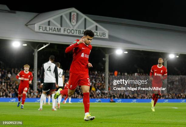 Luis Diaz of Liverpool celebrates 1st goal during the Carabao Cup Semi Final Second Leg match between Fulham and Liverpool at Craven Cottage on...