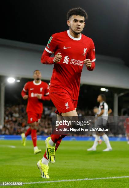 Luis Diaz of Liverpool celebrates 1st goal during the Carabao Cup Semi Final Second Leg match between Fulham and Liverpool at Craven Cottage on...