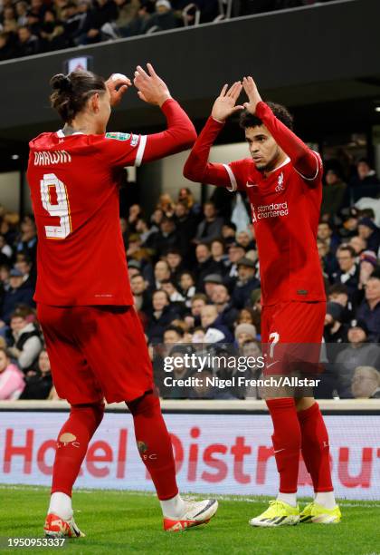 Luis Diaz of Liverpool celebrates 1st goal with Darwin Nunez of Liverpool during the Carabao Cup Semi Final Second Leg match between Fulham and...