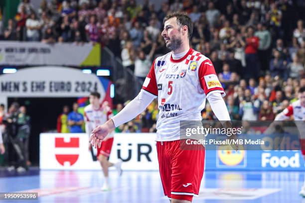 Domagoj Duvnjak of Croatia reacts during the Men's EHF Euro 2024 main round match between Germany and Croatia at Lanxess Arena on January 24, 2024 in...