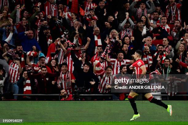 Athletic Bilbao's Spanish forward Gorka Guruzeta celebrates scoring the opening goal during the Spanish Copa del Rey quarter final football match...