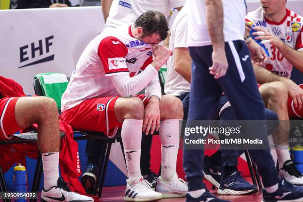 Domagoj Duvnjak of Croatia reacts during the Men's EHF Euro 2024 main round match between Germany and Croatia at Lanxess Arena on January 24, 2024 in...