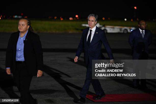 Secretary of State Antony Blinken arrives at the Quatro de Fevereiro International Airport in Angola on January 24, 2024.