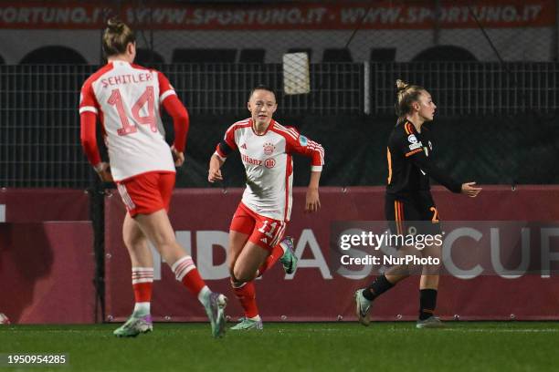 Lea Schuller of FC Bayern Munchen is celebrating after scoring to make it 2-2 on Day 5 of Group C in the UEFA Women's Champions League between A.S....