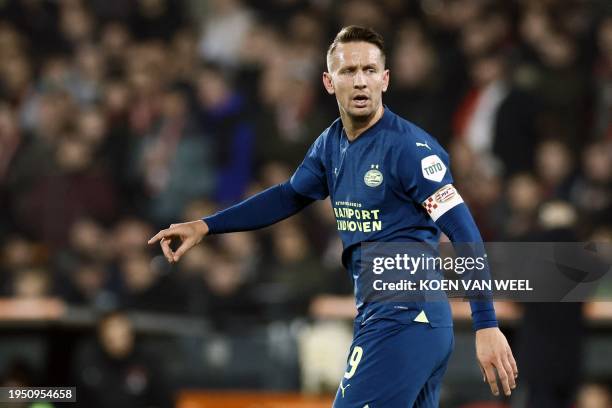 S Dutch forward Luuk de Jong gestures during the round of 16 of the KNVB Cup football match between Feyenoord Rotterdam and PSV Eindhoven at De Kuip...