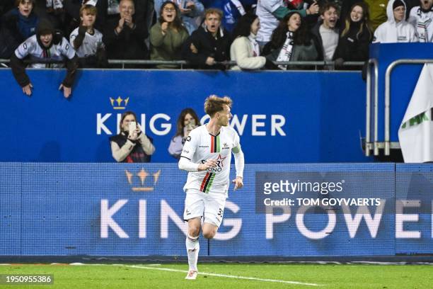 S Mathieu Maertens celebrates after scoring during a Croky Cup 1/4 final match between OH Leuven and Royal Antwerp FC, in Leuven, Wednesday 24...