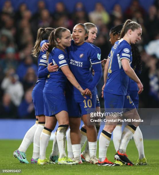 Guro Reiten of Chelsea Women goal celebration with Lauren James of Chelsea Women during the UEFA Women's Champions League group stage match between...