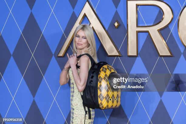 Claudia Schiffer holds a cat called 'Chip' in a backpack as she attends the world premiere of 'Argylle' at the Odeon Luxe cinema in Leicester Square...