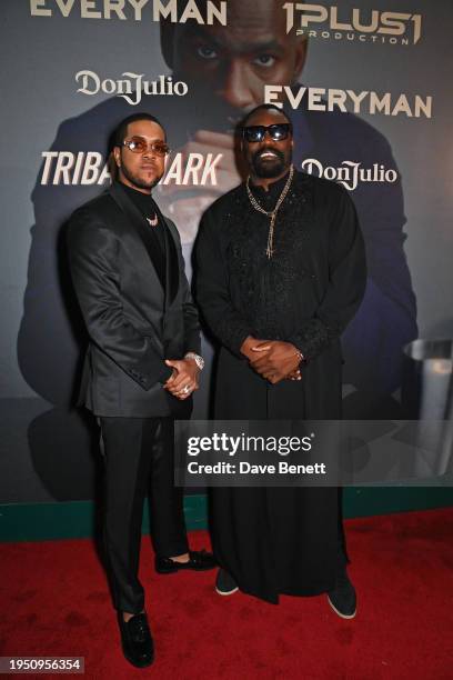 Chip and Dereck Chisora attend the premiere of "Tribal Mark" a film by Skepta, with Don Julio 1942 and Everyman Cinema on January 24, 2024 in London,...