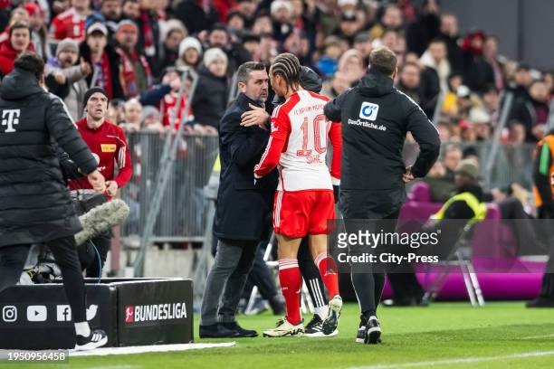 Coach Nenad Bjelica from 1. FC Union Berlin and Leroy Sane from FC Bayern Munich in a clash during the Bundesliga match between FC Bayern Munich and...