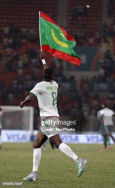Mauritanian player Bodda Mouhsine is reacting after the victory against Algeria during the Group D football match of the 2024 Africa Cup of Nations...