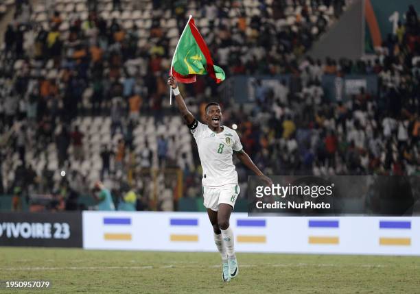 Mauritanian player Bodda Mouhsine is reacting after the victory against Algeria during the Group D football match of the 2024 Africa Cup of Nations...