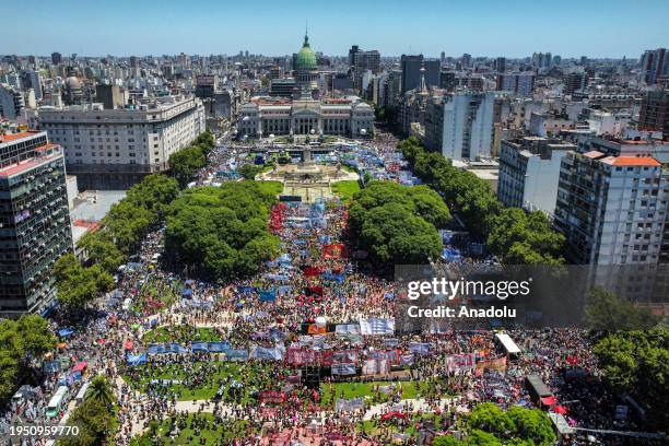 Hundreds of Argentine protesters fill the square of the National Congress Palace, in a call made by the General Central of Workers of Argentina in...