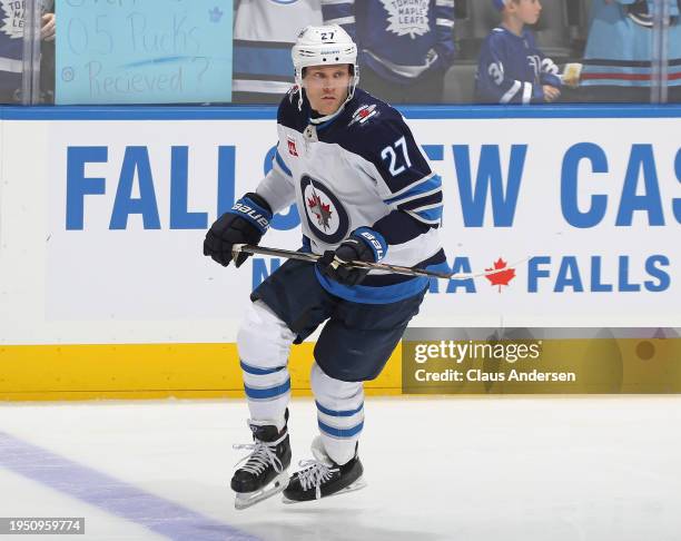Nikolaj Ehlers of the Winnipeg Jets warms up prior to playing against the Toronto Maple Leafs in an NHL game at Scotiabank Arena on January 24, 2024...
