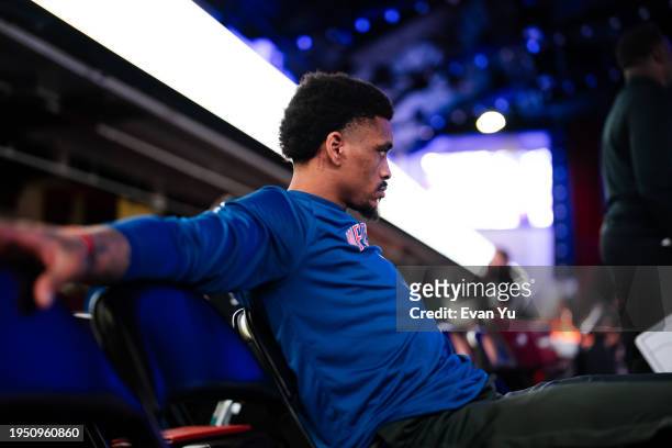 DaQuan Jeffries of the Westchester Knicks looks on before the game against the College Park Skyhawks on January 24, 2024 at the Westchester County...