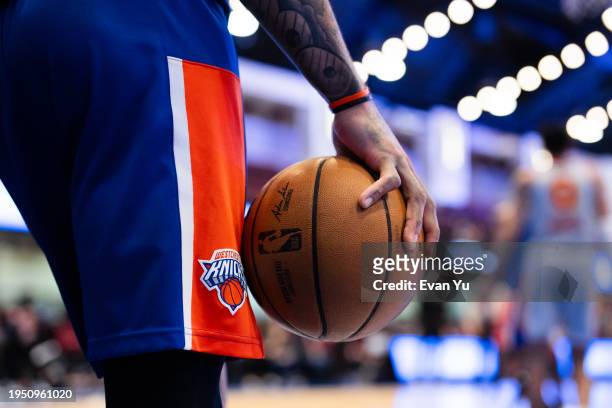 DaQuan Jeffries of the Westchester Knicks holds the ball during the game against the College Park Skyhawks on January 24, 2024 at the Westchester...
