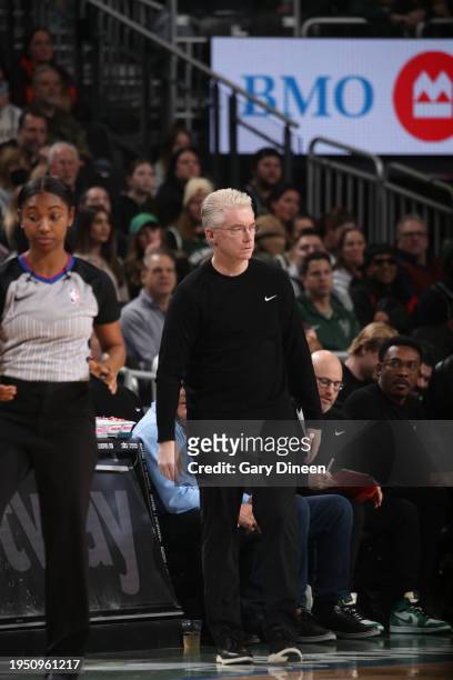 Joe Prunty of the Milwaukee Bucks looks on during the game against the Cleveland Cavaliers on January 24, 2024 at the Fiserv Forum Center in...