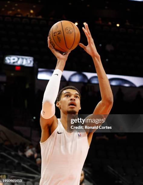 Victor Wembanyama of the San Antonio Spurs takes warm-up shots before their game against the Oklahoma City Thunder at Frost Bank Center on January...