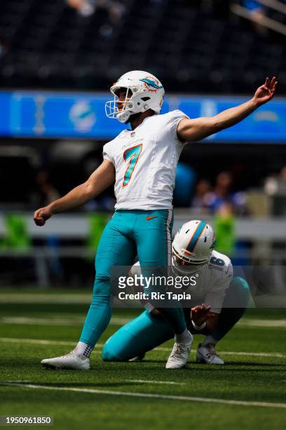 Jason Sanders of the Miami Dolphins kicks during a game against the Los Angeles Chargers at SoFi Stadium on September 10, 2023 in Inglewood,...