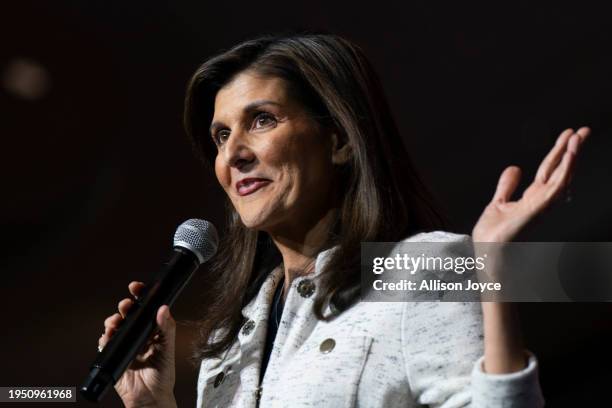 Republican presidential hopeful and former UN Ambassador Nikki Haley holds a rally on January 24, 2024 in North Charleston, South Carolina. After her...