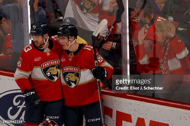 Anton Lundell of the Florida Panthers celebrates his goal with teammate Sam Reinhart during the second period against the Arizona Coyotes at the...