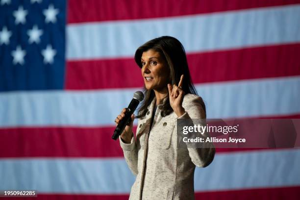 Republican presidential hopeful and former UN Ambassador Nikki Haley holds a rally on January 24, 2024 in North Charleston, South Carolina. After her...