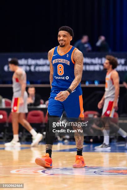 DaQuan Jeffries of the Westchester Knicks smiles during the game against the College Park Skyhawks on January 24, 2024 at the Westchester County...