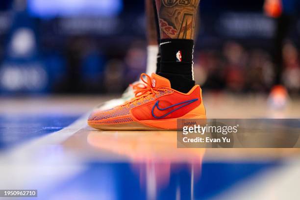 The sneakers worn by DaQuan Jeffries of the Westchester Knicks during the game against the College Park Skyhawks on January 24, 2024 at the...