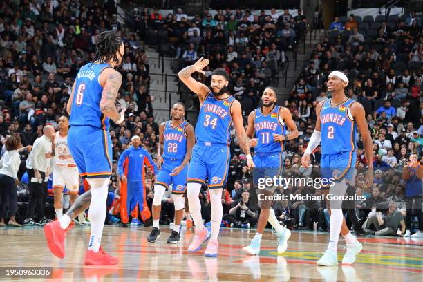 Jaylin Williams of the Oklahoma City Thunder celebrates a three point basket during the game against the San Antonio Spurs on January 24, 2024 at the...