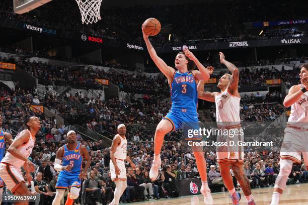 Josh Giddey of the Oklahoma City Thunder drives to the basket during the game against the San Antonio Spurs on January 24, 2023 at the Frost Bank...