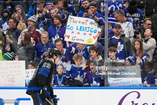 Fans cheer during warmups prior to a game between the Toronto Maple Leafs and the Winnipeg Jets at Scotiabank Arena on January 24, 2024 in Toronto,...