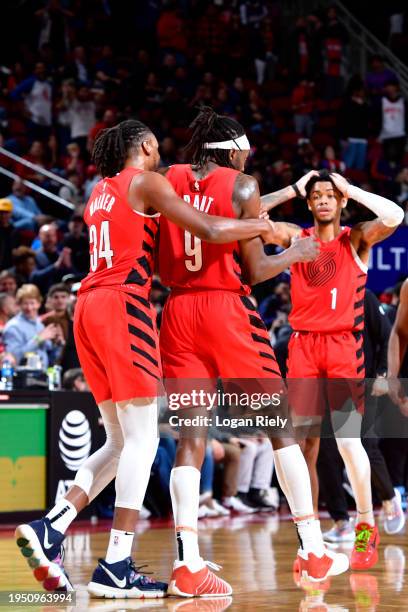 Jerami Grant of the Portland Trail Blazers celebrates after making the game tying three point shot during the game against the Houston Rockets on...