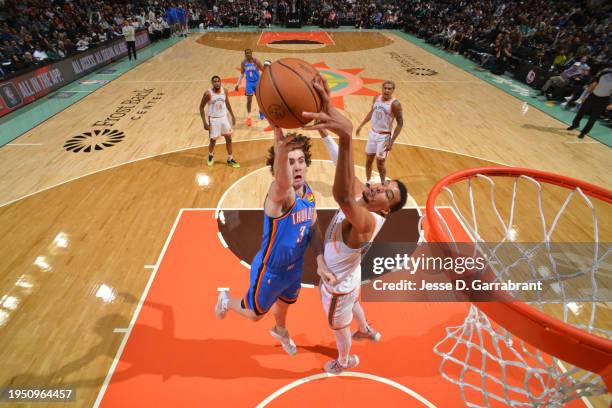 Victor Wembanyama of the San Antonio Spurs blocks the ball during the game against the Oklahoma City Thunder on January 24, 2023 at the Frost Bank...