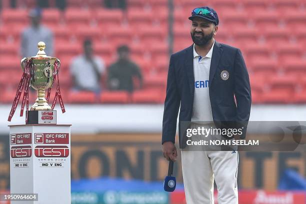 India's captain Rohit Sharma gestures during toss before the start of the first day of the first Test cricket match between India and England at the...