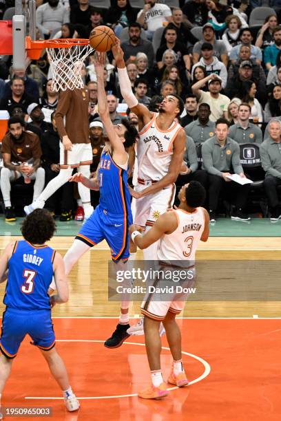 Victor Wembanyama of the San Antonio Spurs blocks the ball against the Oklahoma City Thunder on January 24, 2023 at the Frost Bank Center in San...