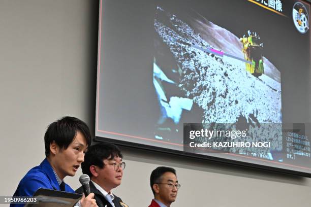 Daichi Hirnao , associate senior researcher at JAXA's Space Exploration Innovation Hub Center, explains an image of the lunar surface taken and...