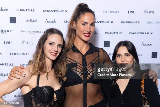 Virginie Dedieu, Elodie Clouvel and Blandine Pont attend the "Alter Ego Lingerie" Show as part of Paris Fashion week on January 21, 2024 in Paris,...